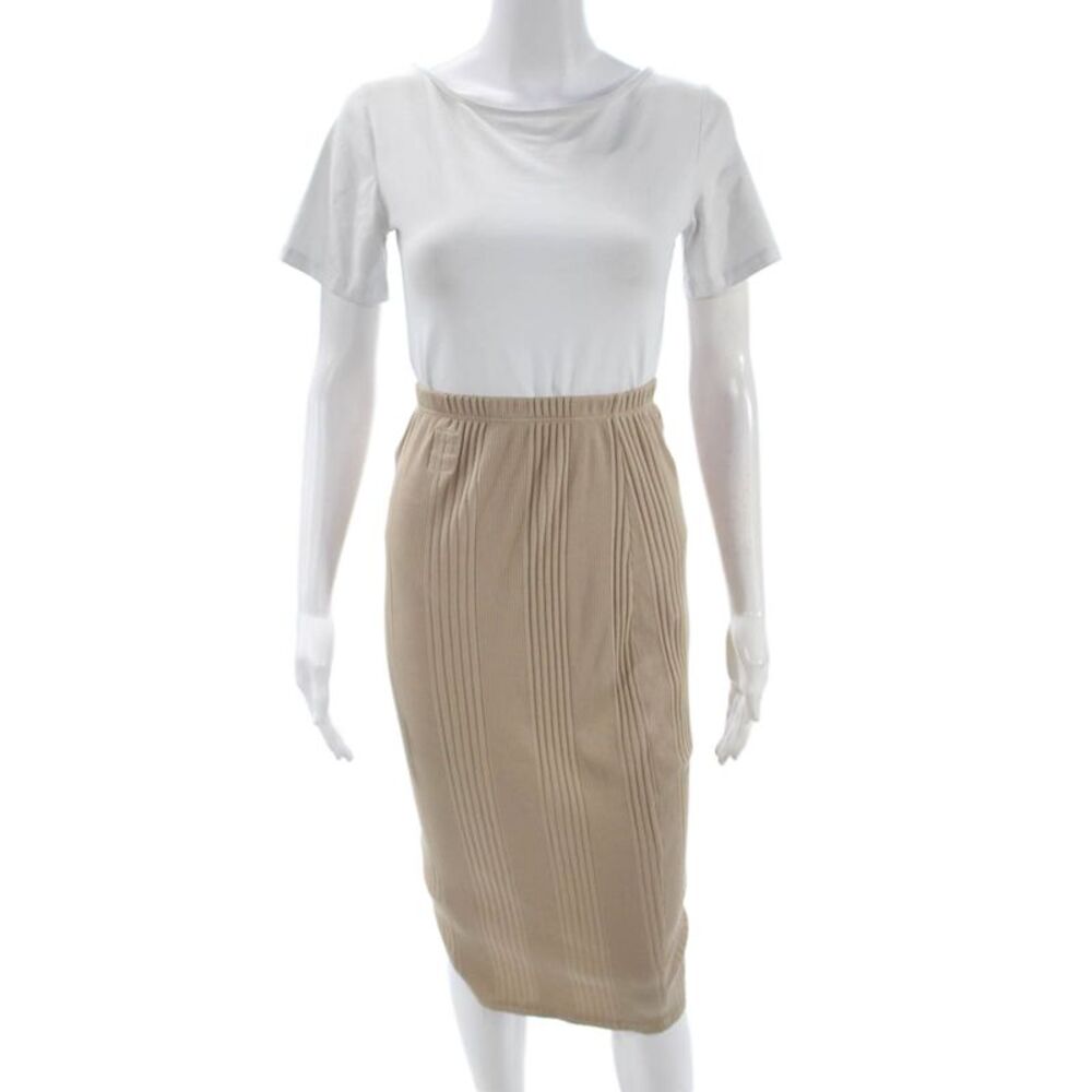 NSF Women Straight Pencil Skirt Beige Striped Cotton Knee Length Size M